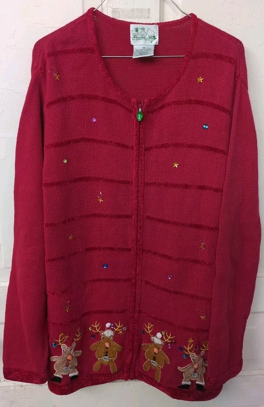 QUACKER FACTORY Christmas Cardigan Womens 2X Full Zip W/Reindeer Grandmacore